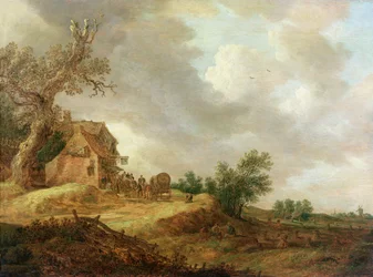 Landskap med figurer utenfor et vertshus, 1643